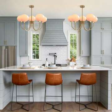 Flyrose 5-Light Pink Glass Ceiling Light Brass Gold Globe Pendant Light Modern Pink Bubble Chandelier Girls Bedroom Chandelier Light Fixture