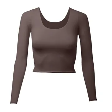 Almere Long Sleeve Top for Women - Contour Seamless Basic Top w/Low Neck Cut (Brown, Small)