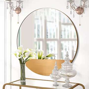 MOTINI 32 Inch Round Decorative Wall Mirror Large Modern Brushed Brass Metal Frame Mirror Wall Mounted for Wall Decor, Living Room, Bedroom