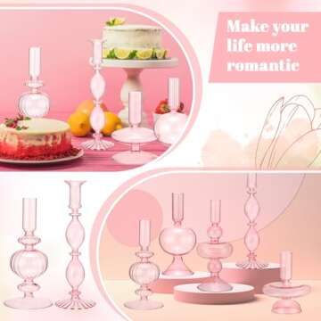 Nuogo 5 Pieces Glass Candlestick Holders Colored Glass Taper Candle Holder Candlestick Christmas Wedding Glass Candle Stick Glass Vase Decor for Christmas Wedding Party Table Centerpiece(Pink)