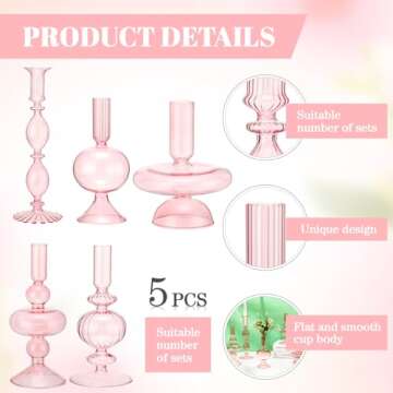 Nuogo 5 Pieces Glass Candlestick Holders Colored Glass Taper Candle Holder Candlestick Christmas Wedding Glass Candle Stick Glass Vase Decor for Christmas Wedding Party Table Centerpiece(Pink)