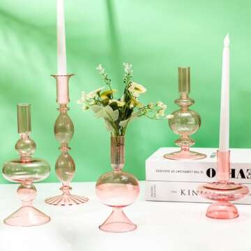 Nuogo 5 Pieces Glass Candlestick Holders Colored Glass Taper Candle Holder Candlestick Christmas Wedding Glass Candle Stick Glass Vase Decor for Christmas Wedding Party Table Centerpiece(Pink)
