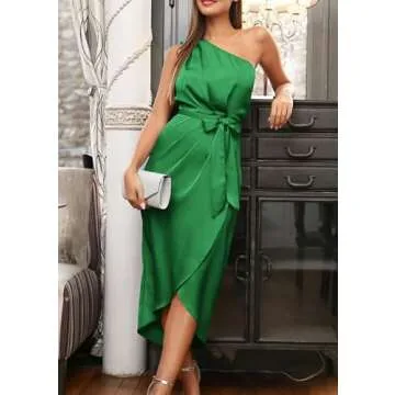 PRETTYGARDEN Women's Summer Ruched Bodycon Dress Sleeveless One Shoulder Wrap Satin Wedding Guest Cocktail Midi Dress (Green,Small)