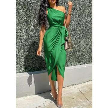 PRETTYGARDEN Women's Summer Ruched Bodycon Dress Sleeveless One Shoulder Wrap Satin Wedding Guest Cocktail Midi Dress (Green,Small)