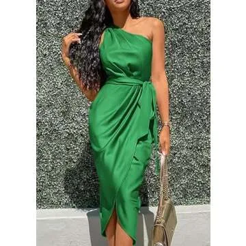 PRETTYGARDEN Women's Summer Ruched Bodycon Dress Sleeveless One Shoulder Wrap Satin Wedding Guest Cocktail Midi Dress (Green,Small)