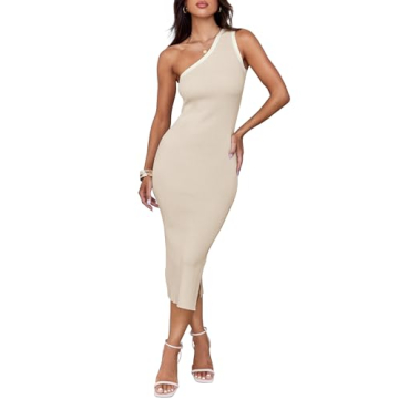 ZESICA Women's Summer One Shoulder Bodycon Midi Dresses 2024 Casual Sleeveless Ribbed Knit Side Slit...