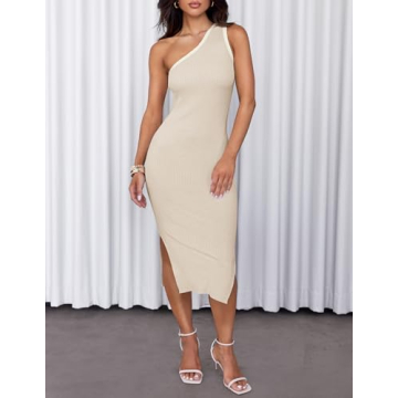 ZESICA Elegant One Shoulder Bodycon Midi Dress