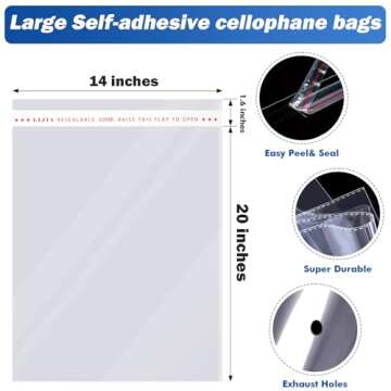 UltraOutlet 14x20 inches Large Clear Resealable Cellophane Bags for Packaging Products 100ct Self-sealing Gift Bags Self Adhesive Plastic Bags for Gifts,Clothes, Small Business, Thank you Stickers