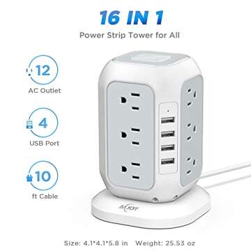 Power Strip Tower with USB Ports-AiJoy Surge Protector with 12 AC Outlet and 4 USB Ports, 10 Feet Ex...