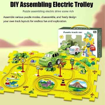 DIY Assembling Electric Trolley, 2024 New Upgrade Toddler Puzzle Track Play Set with Vehicles, Rail ...