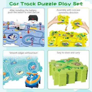 DIY Assembling Electric Trolley, 2024 New Upgrade Toddler Puzzle Track Play Set with Vehicles, Rail Car Building Toys Vehicle & Puzzle Board, Montessori Toys for Kids Ages 3+ (Ocean)