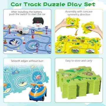 DIY Assembling Electric Trolley, 2024 New Upgrade Toddler Puzzle Track Play Set with Vehicles, Rail Car Building Toys Vehicle & Puzzle Board, Montessori Toys for Kids Ages 3+ (Ocean)
