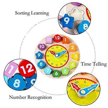 Garlictoys Wooden Shape Color Clock Puzzle-Teaching Time Sorting Number Blocks, Stacking Sorter Jigsaw Montessori Early Learning Montessori Educational Toy Gift for3+ Year Old Toddler Baby Kids