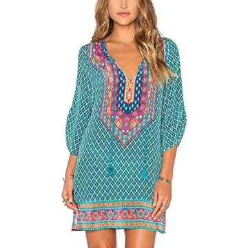 Women Bohemian Neck Tie Vintage Printed Ethnic Style Summer Shift Dress (L, Pattern #18)