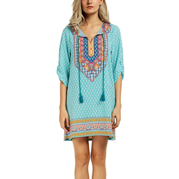 Women Bohemian Neck Tie Vintage Printed Ethnic Style Summer Shift Dress (L, Pattern #18)