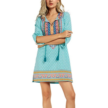 Women Bohemian Neck Tie Vintage Printed Ethnic Style Summer Shift Dress (L, Pattern #18)