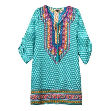Women Bohemian Neck Tie Vintage Printed Ethnic Style Summer Shift Dress (L, Pattern #18)