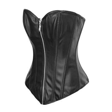 Bslingerie Womens Faux Leather Zipper Front Boned Corset (L),Black