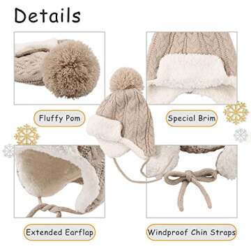 Winter Kids Beanie Hat Baby Knitted Hats Fleece Earflap Beanie Windproof Warm Toddler Beanies Boys Girls 0-5 Years (Beige, 2-5 Years)