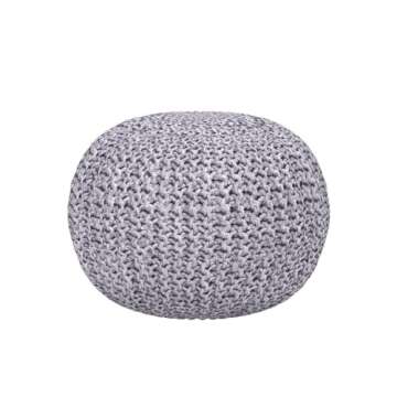 BIRDROCK HOME Round Pouf Ottoman | Cotton Braided Foot Stool with Bean Bag Filling | Boho Foot Rest for Living Room & Bedroom | Compact & Comfortable Seating, Lightweight & Soft | Light Grey