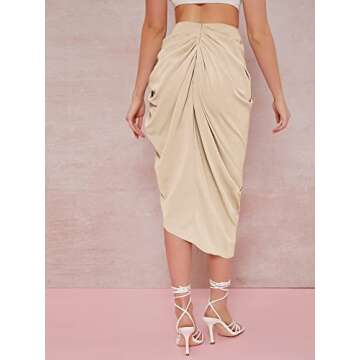 WDIRARA Women's Split Front High Waist Ruched Zip Back Bodycon Midi Skirt Apricot L