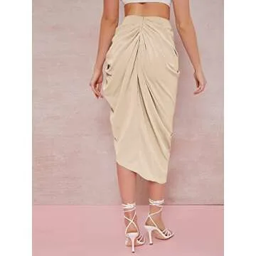 WDIRARA Women's Split Front High Waist Ruched Zip Back Bodycon Midi Skirt Apricot L