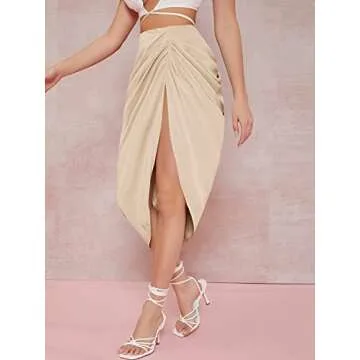 WDIRARA Women's Split Front High Waist Ruched Zip Back Bodycon Midi Skirt Apricot L