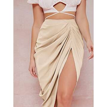 WDIRARA Women's Split Front High Waist Ruched Zip Back Bodycon Midi Skirt Apricot L