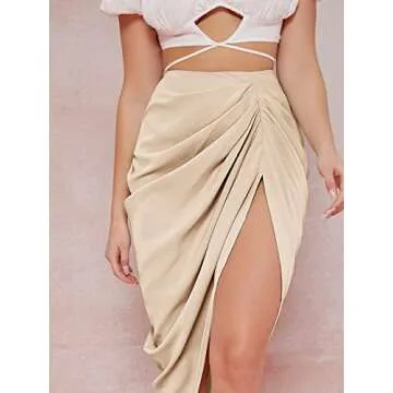WDIRARA Women's Split Front High Waist Ruched Zip Back Bodycon Midi Skirt Apricot L