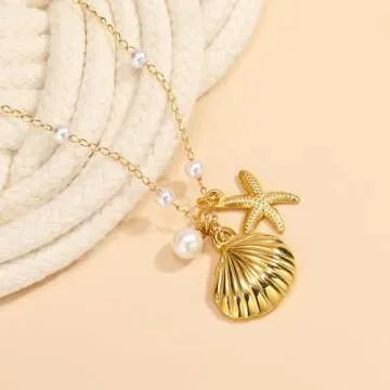 ONBRIG Seashell Necklace Gold Starfish Necklace Beachy Jewelry for Women Pearl Chain Beach Necklace for Women Ocean Necklace Summer Sea Shell Necklace