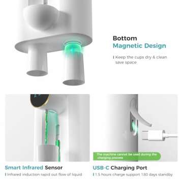 Oylik Automatic Mouthwash Dispenser 18.26 oz Touchless Mouthwash Dispenser for Bathroom 2 Magnetic Cup USB Rechargeable and 3 Dispensing Levels with Led Screen Wall-Mounted or Countertop Use-White