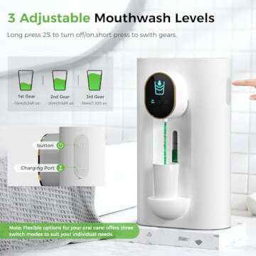 Oylik Automatic Mouthwash Dispenser 18.26 oz Touchless Mouthwash Dispenser for Bathroom 2 Magnetic Cup USB Rechargeable and 3 Dispensing Levels with Led Screen Wall-Mounted or Countertop Use-White