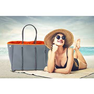 QOGiR Neoprene Multipurpose Beach Bag Tote with Inner Zipper Pocket (Grey, Large)