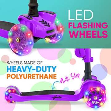 Hurtle Kids Scooter - Child Toddler Kick Scooter Toy with Foldable Seat - 3 Wheel Scooter with Adjustable Height, Anti-Slip Deck, Flashing Wheel Lights, for Boys/Girls 1-12 Year Old, Purple
