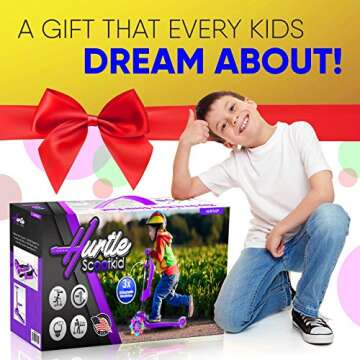 Hurtle Kids Scooter - Child Toddler Kick Scooter Toy with Foldable Seat - 3 Wheel Scooter with Adjustable Height, Anti-Slip Deck, Flashing Wheel Lights, for Boys/Girls 1-12 Year Old, Purple