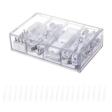 Yesesion Clear Plastic Cable Organizer Drawer with 4 Adjustable Compartment and 20pcs of Wire Ties, ...