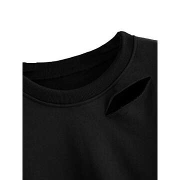 SweatyRocks Women's Long Sleeve Crop Tops Distressed Ripped Cut Out Pullover Sweatshirt Solid Black M