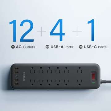Power Strip, EPICKA Surge Protector with 12 AC Outlets (1875W/15A, 1700J) and 5 USB Charging Ports (1 USB-C, 4 USB-A), 6FT Extension Cord, Wall Mountable Overload Protection Outlet for Home & Office