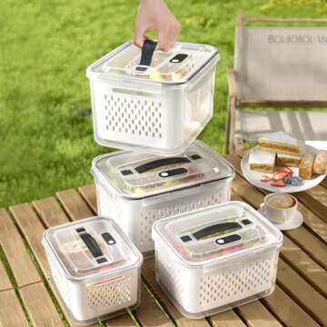 Fruit Storage Containers for Fridge with vent holes and handle，Airtight Food Storage Containers Ke...
