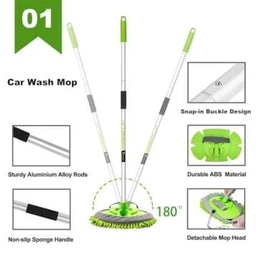 GreatCool 4Pcs Car Wash Brush Kit,Car Wash Mop Mitt with 44.5" Aluminum Long Handle,Car Wash Brush for Wheel Pedal and Floor Mat,Detailing Brush,Car Detailing Towel for Washing Automotive Truck RV