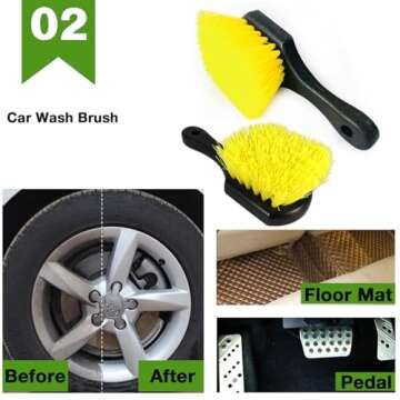 GreatCool 4Pcs Car Wash Brush Kit,Car Wash Mop Mitt with 44.5" Aluminum Long Handle,Car Wash Brush for Wheel Pedal and Floor Mat,Detailing Brush,Car Detailing Towel for Washing Automotive Truck RV