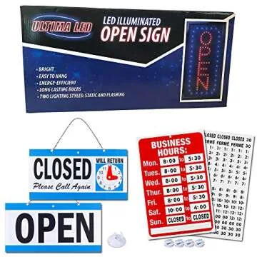 Ultima LED Neon Open Sign for Business: Vertical Lighted Sign Open with Flashing Mode – Indoor Electric Light up Sign for Stores - Includes Business Hours and Open & Closed Signs