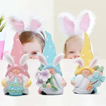 Hodao 3 PCS Easter Gnomes Décor, Resin Bunny Handmade Spring Easter Gnomes/ Elf Gifts for Kids/Women/Men Easter Decorations for The Home Party
