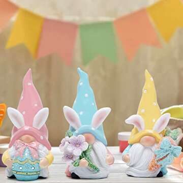 Hodao 3 PCS Easter Gnomes Décor, Resin Bunny Handmade Spring Easter Gnomes/ Elf Gifts for Kids/Women/Men Easter Decorations for The Home Party