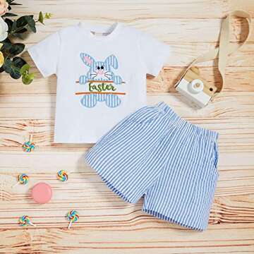 Sinhoon Baby Girl Boy Easter Outfits Infant Bunny Pattern Romper+Blue Stripes Suspender Pants Toddle...