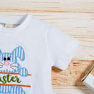 Sinhoon Baby Girl Boy Easter Outfits Infant Bunny Pattern Romper+Blue Stripes Suspender Pants Toddler Easter Clothes Sets