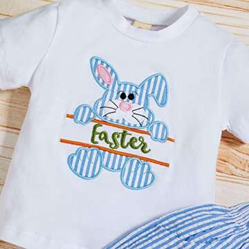 Sinhoon Baby Girl Boy Easter Outfits Infant Bunny Pattern Romper+Blue Stripes Suspender Pants Toddler Easter Clothes Sets
