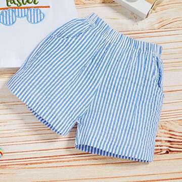 Sinhoon Baby Girl Boy Easter Outfits Infant Bunny Pattern Romper+Blue Stripes Suspender Pants Toddler Easter Clothes Sets