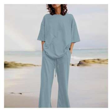 ETCYY NEW Women's Two Piece Outfits Oversize Baggy Round Neck Short Sleeve Top And Wide Leg Long Sweatpants