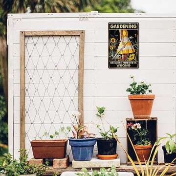 Funny "Gardening Because Murder Is Wrong" Metal Sign: Women's Garden Gift for Yard, Backyard, Patio & Porch Decor, 12" x 8", (263)